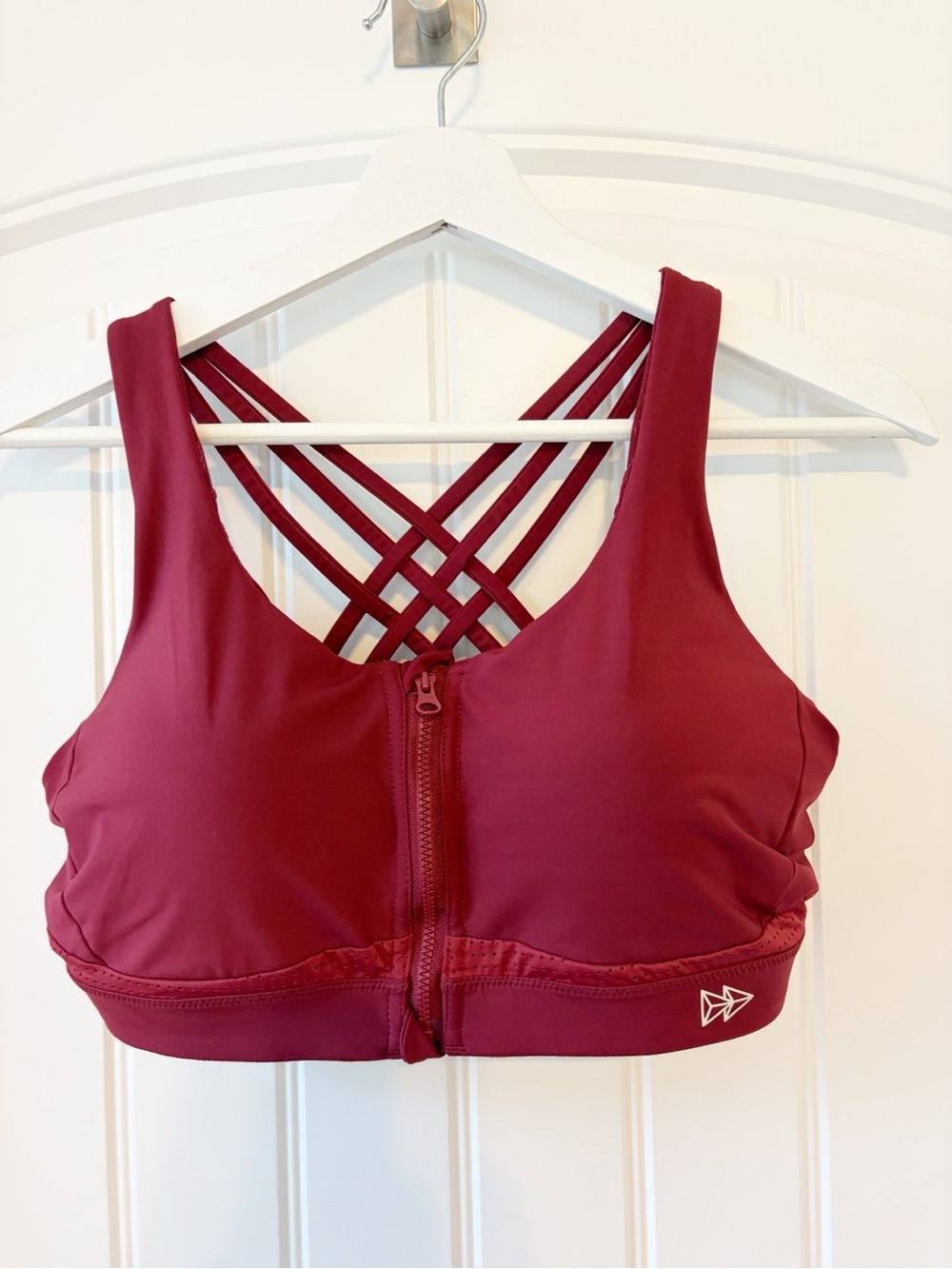 Front-Zip Strappy Sports Bra in Deep Red